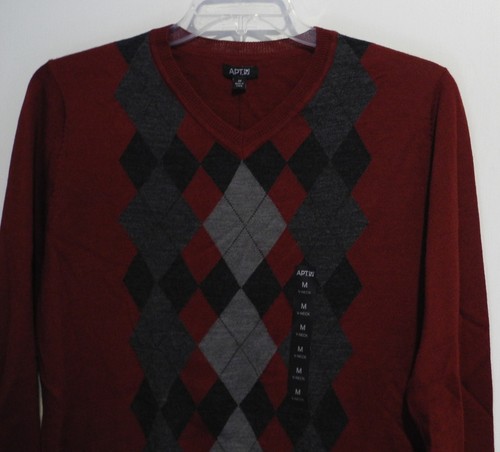 $56 APT.9 Dogwood Red Burgundy Gray Argyle Long Sleeve V-Neck Sweater M NEW