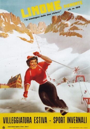 TV12 Vintage 1950’s Italian Italy Limone Skiing Ski Travel Poster A2//A3//A4