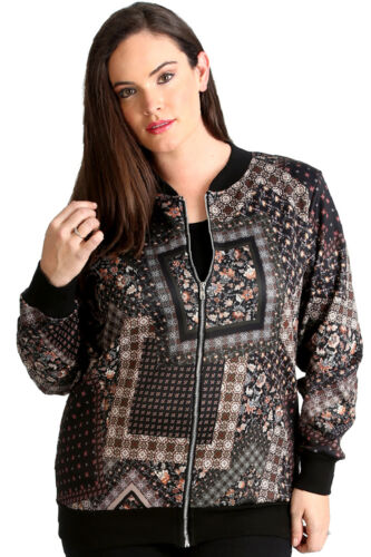 New Womens Plus Size Jacket Bomber Ladies Geometric Floral Print Ribbed Zip Long 