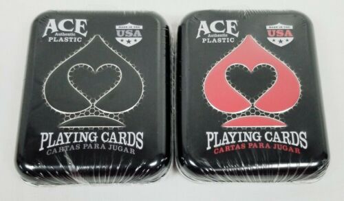 2 Decks Ace Authentic Plastic Playing Cards 1 Red Deck 1 Black Deck Sealed Tin