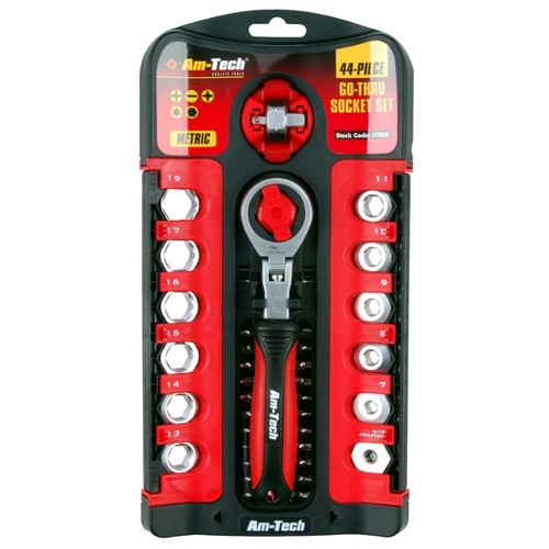 New 44Pc Go Through Socket Set Flexi Drive Wrench Mechanic Service Garage Amtech