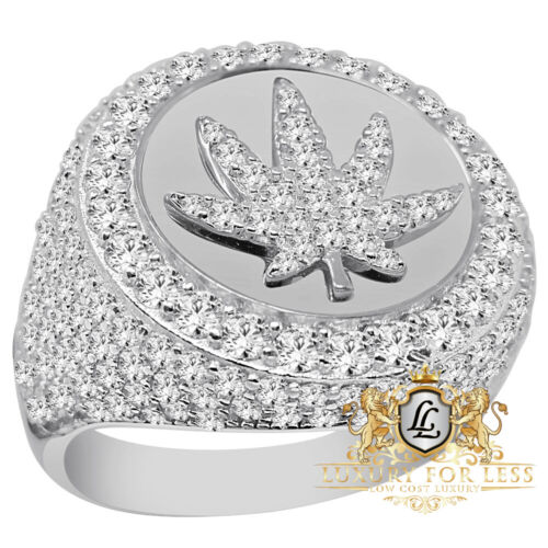 Details about   Mens Real White Gold Sterling Silver Marijuana Leaf Plant Lab Diamond Ring Band 