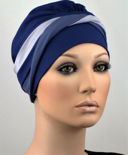 Damen Mütze ELEGANCA TURBANMÜTZE Chemo Turban Cap blau grau Chemomütze Leni NEU