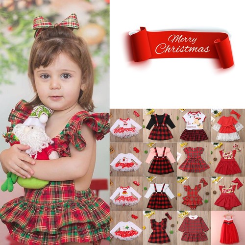 Xmas Toddler Kids Girls Christmas Santa Plaided Princess Dresses Outfits Clothes