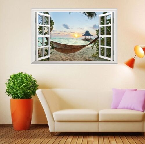 Sunset Relaxed Beach 3D Window View Decal WALL STICKER Home Decor Art Mural 