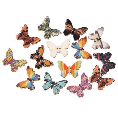 LP:300 Mix Natur Holzknöpfe 2 Löcher Schmetterling Patchwork Motivknöpfe 25x18mm 