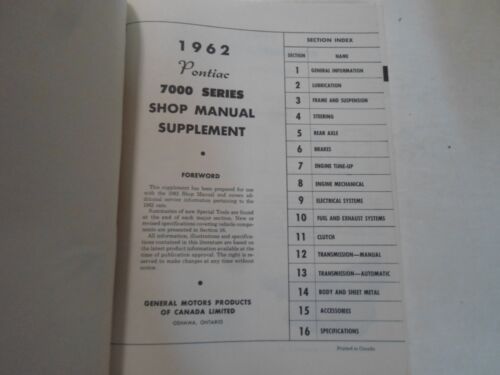 1962 Pontiac Series 7000 Shop Manual Supplement WORN STAINED FACTORY OEM BOOK 62 