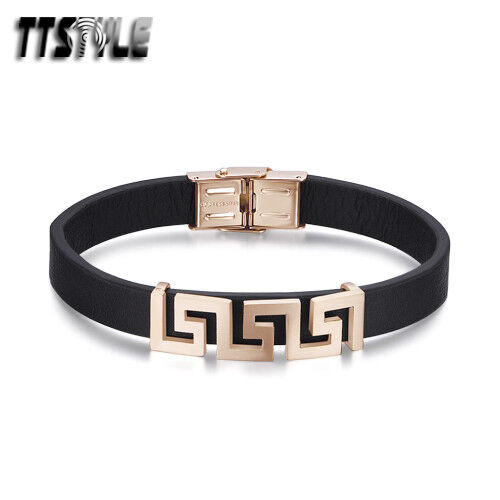 TTstyle Brown Leather 316L Stainless Steel Rose Gold Greek Key Bracelet NEW