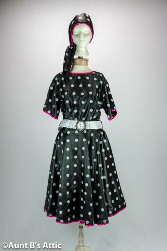 50/'s Polka Dot Day Dress Costume 3 Pc Blk /& Wht Poly Satin Dress Belt /& Headband