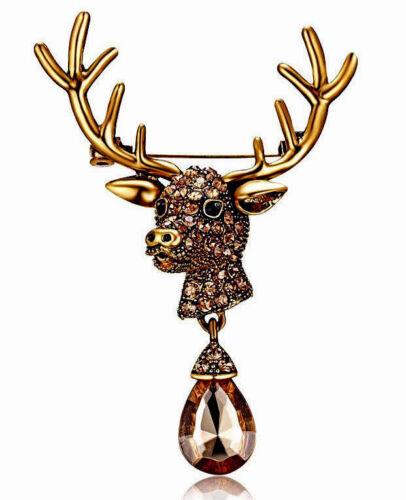 Santa REINDEER Rhinestone Jewel Retro Vintage Christmas NATURE Deer GIFT Brooch 