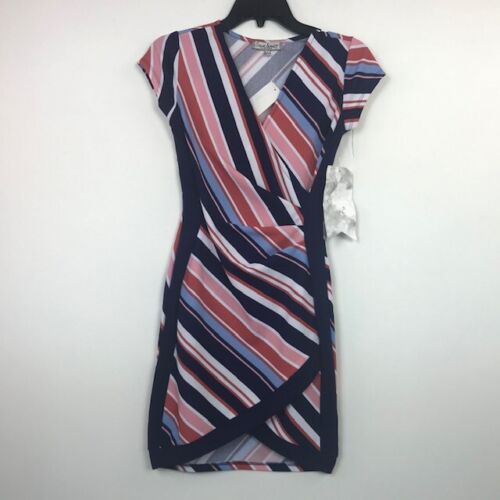 Details about  / Crave Fame Junior Womens S Navy Multi Striped Short Sleeve Framed Wrap Dress NWT