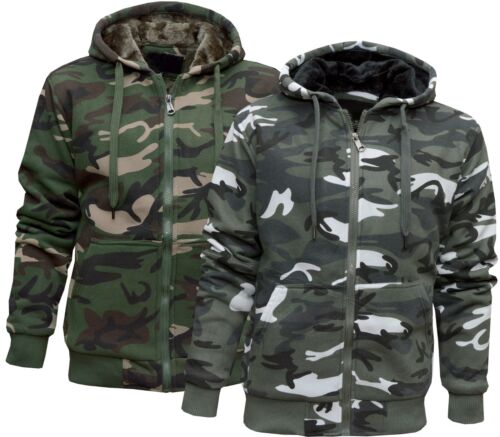 3XL Mens Camouflage Hoodie Fur Lined Full Zip Army Camo Hooded Winter Jacket M
