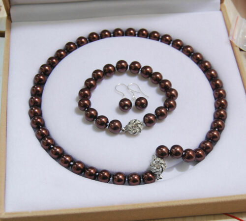 Long 24"28"34"36"10mm/12mm Chocolate Shell Pearl Necklace Bracelet Earring Set 
