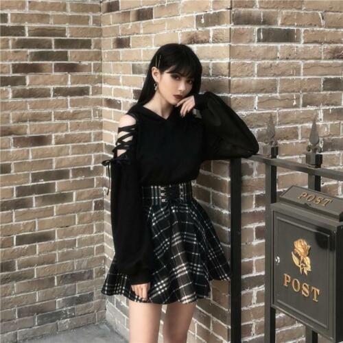 Ulzzang Femal Black Clothing Gothic Punk Cat Hoodie Sweatshirt Harajuku Lace Up 
