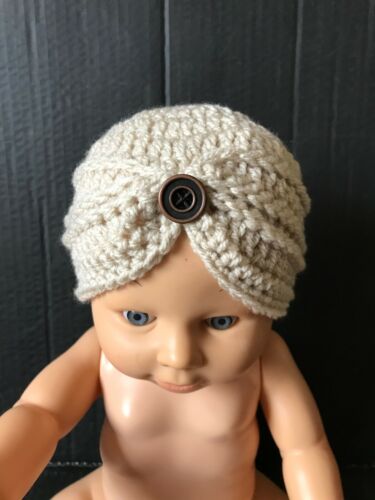 hand crochet baby turban style hat beanie gift girl 0 to teen beige