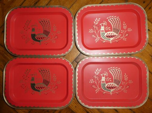 Details about  / Lot 4 Vintage Mid Century Peacock Tin Metal Tip Change Trays 7/" X 5/"