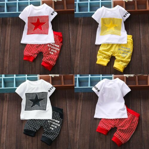 2Pcs Infant Kid Boys Girl Letter Star Print Plaid Tops+Pants Outfits Clothes Set