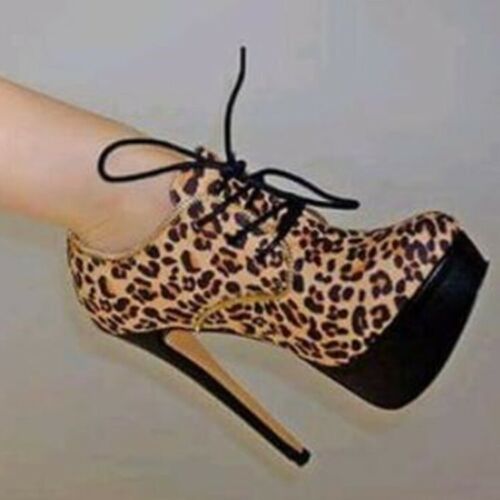 Women Leopard Ankle Boots High Heel Lace Up Platform Round Toe US 4.5-12.5 ShoeS 