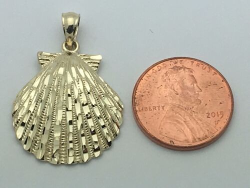 14k Yellow Gold Solid Diamond Cut Ocean Scallop Sea Shell Charm Pendant 3.7grams