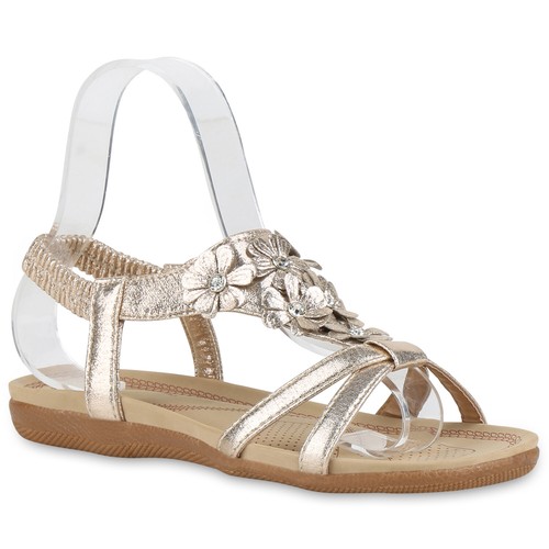 Damen Sandalen Riemchensandalen Blumen Sommerschuhe Flats 830610 Trendy Neu