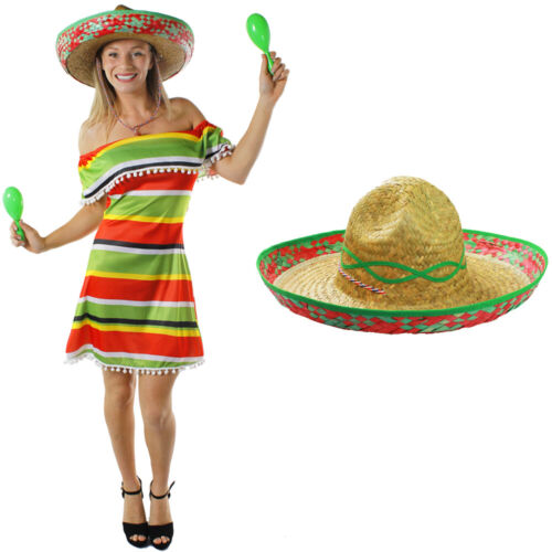 LADIES MEXICAN GIRL COSTUME WILD WESTERN FANCY DRESS OUTFIT STRIPED PONCHO DRESS