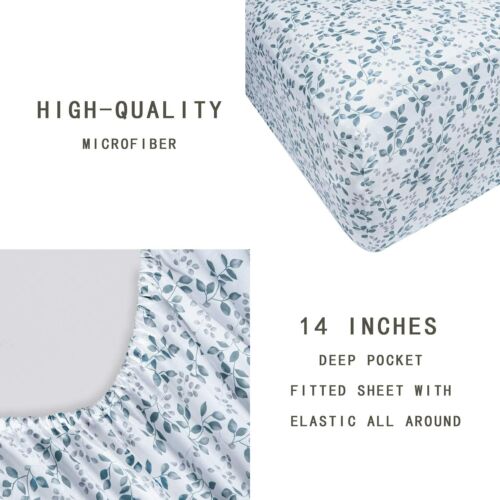softan Queen Bed Sheet Set 4 PC Green Leaves Printed Brushed Microfiber Elegant