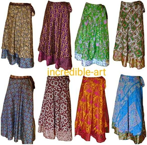 5 PCs  Lot Vintage Sari Silk 2 Layer Magic Wrap Around Long Skirts Bohemian