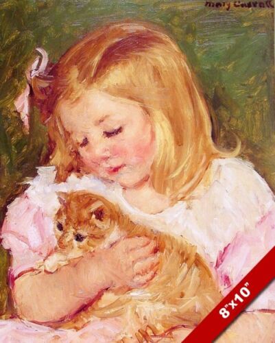 YOUNG GIRL HOLDING A KITTEN CAT PAINTING CHILD CHILDREN KIDS ART CANVAS PRINT