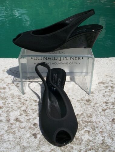Details about  / Donald Pliner Couture Black Mesh Patent Leather Wedge Shoe New Peep Toe $225 NIB