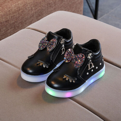 Kid Infant Baby Girl Sport Shoes Crystal Bowknot LED Luminous Boots Sneakers New