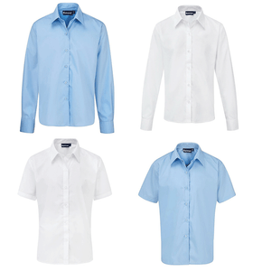 Per Ragazze Donne Poli-Cotone Scuola Camicia Azzurro Bianco Lungo Manica Corta Camicia