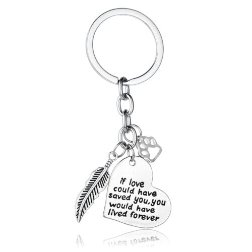 Pet Memorial Love Heart Feather Charm Paw Pet Keyring Keychain Cat Dog Key Chain