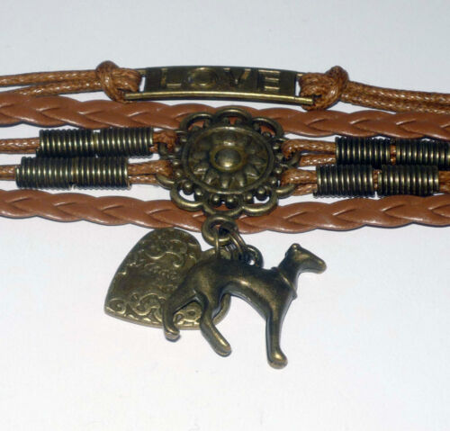 Brown Wrap Bracelet Made with Love w Bronze Heart and Greyhound Dog Charms