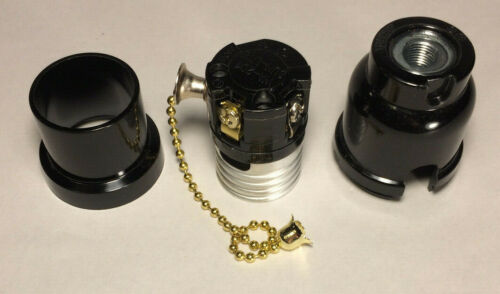 E26 #SO671 New Phenolic Bakelite Pull Chain Lamp Socket w// Brass Chain