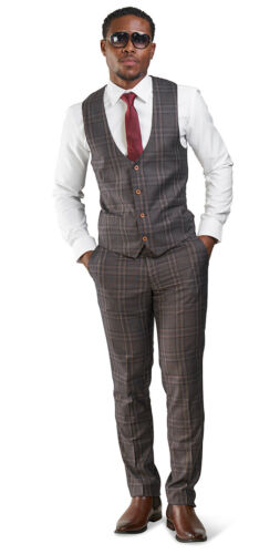 Slim Fit 2 Button Bronze Brown Windowpane Mens Suit 3 Piece Vested 35071 AZARMAN 