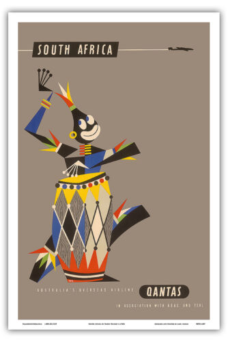 South Africa Native Tribal Drummer Qantas Rogers Vintage Airline Poster Print