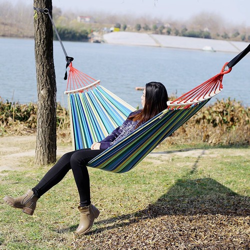 New Canvas Fabric Double Spreader Bar Hammock Outdoor Camping Swing Hanging Bed