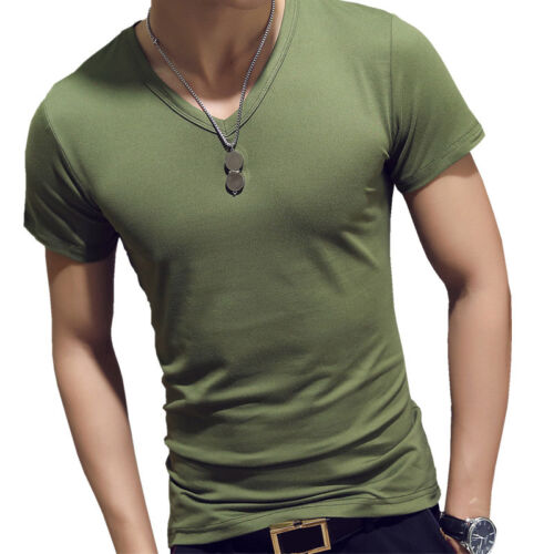 Camiseta para hombre de verano Calce Entallado Cuello en V manga corta Muscular Puro Algodón Gimnasio Tops