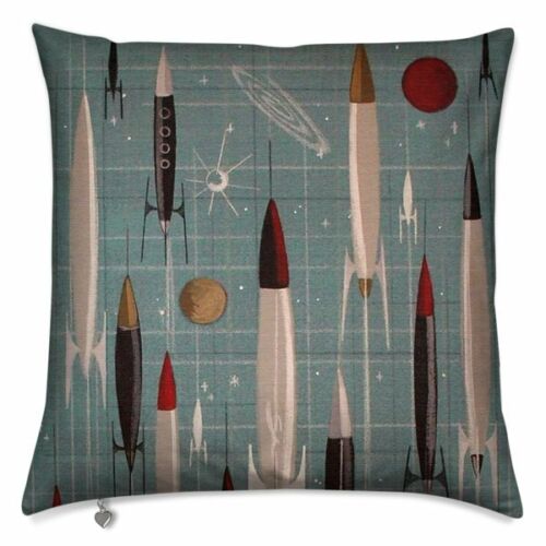 Retro Vintage Cushion Cover Throw Pillow Case Rockets Sci Fi Space Ships Atomic 