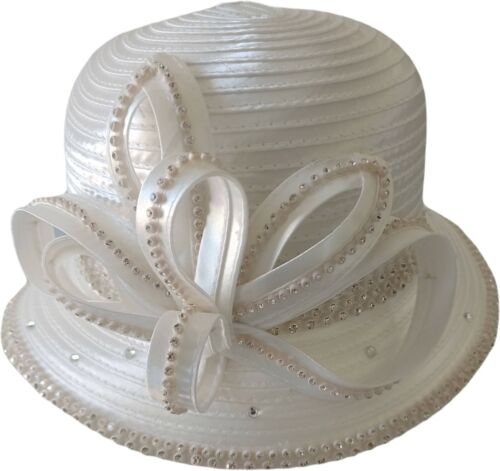 Women/'s Cloche Couture Church tea party Satin Ribbon Rhinestones Hat