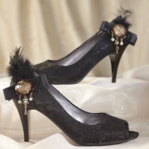 NEW WOMENS MIDNIGHT VELVET BLACK LACE /& FEATHER PUMPS HEELS SHOES SIZE 7M 7 M