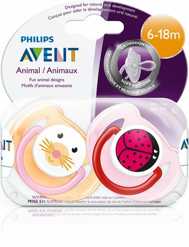 Pink Animal Designs 6-18 months Philips Avent Orthodontic Pacifier 2 pack