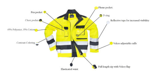 Details about  / Portwest Hi Vis Viz Bomber Jacket Elastic Waist Full Zip Lined Coat Wokwear TX50