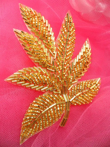 FS140 Fall Leaf Applique Gold Beaded Sewing Motif Patch 4/"