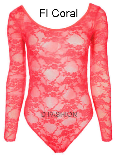 NEW LADIES WOMEN GIRL LONG SLEEVE MESH FLORAL LACE TOP PARTY BODYSUIT SIZE 8-24