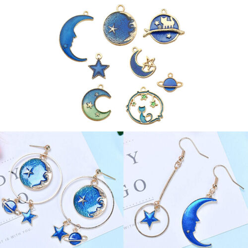 8Pcs Enamel Cat Moon Star Earth Planet Charms Pendants DIY For Jewelry Making 