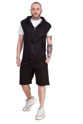 Mens Hoodie & Short Tracksuit Set Sleeveless Zipper Pockets Casual Tops S to XL 