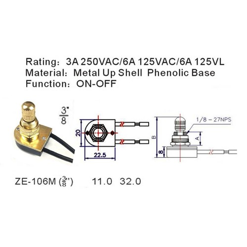Zing Ear ZE-106M Rotary Turn Canopy Switch Brass 6 A 250 V E89885 3//8/"UL CQC CSA