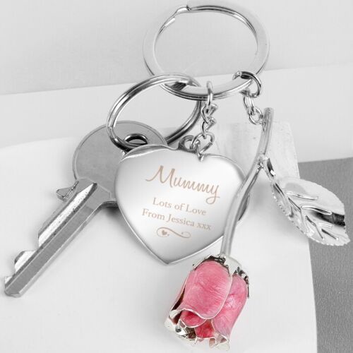 Engraved Gift For Her Personalised Silver Plated Heart & Pink Rose Keyring 