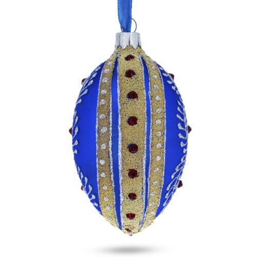Silver on Blue Jeweled Glass Egg Ornament 